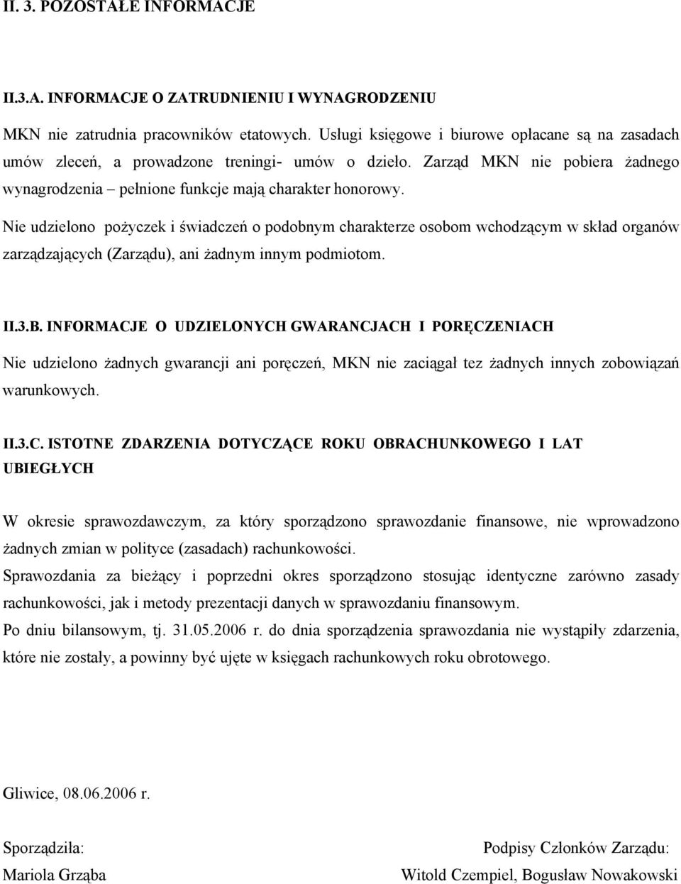 Nie udzielono pożyczek i świadczeń o podobnym charakterze osobom wchodzącym w skład organów zarządzających (Zarządu), ani żadnym innym podmiotom. II.3.B.