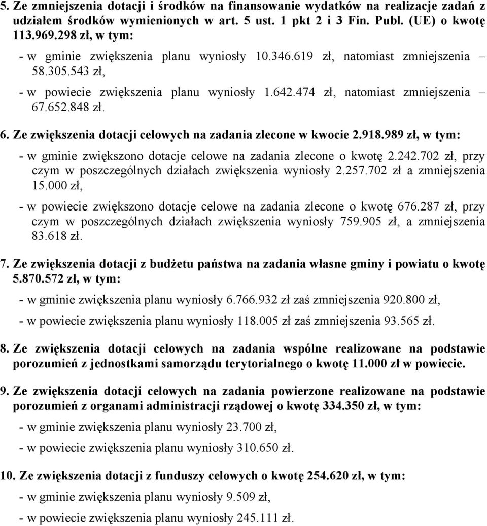 .652.848 zł. 6. Ze zwiększenia dotacji celowych na zadania zlecone w kwocie 2.918.989 zł, w tym: - w gminie zwiększono dotacje celowe na zadania zlecone o kwotę 2.242.