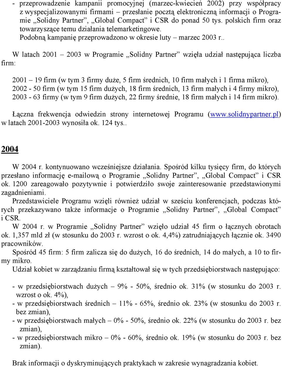 . W latach 2001 2003 w Programie Solidny Partner wzięła udział następująca liczba firm: 2001 19 firm (w tym 3 firmy duże, 5 firm średnich, 10 firm małych i 1 firma mikro), 2002-50 firm (w tym 15 firm