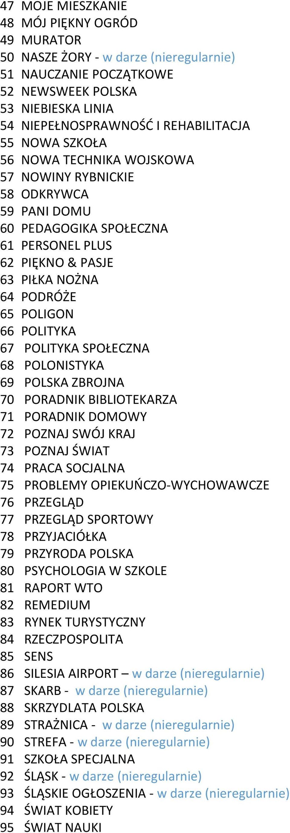 SPOŁECZNA 68 POLONISTYKA 69 POLSKA ZBROJNA 70 PORADNIK BIBLIOTEKARZA 71 PORADNIK DOMOWY 72 POZNAJ SWÓJ KRAJ 73 POZNAJ ŚWIAT 74 PRACA SOCJALNA 75 PROBLEMY OPIEKUŃCZO-WYCHOWAWCZE 76 PRZEGLĄD 77