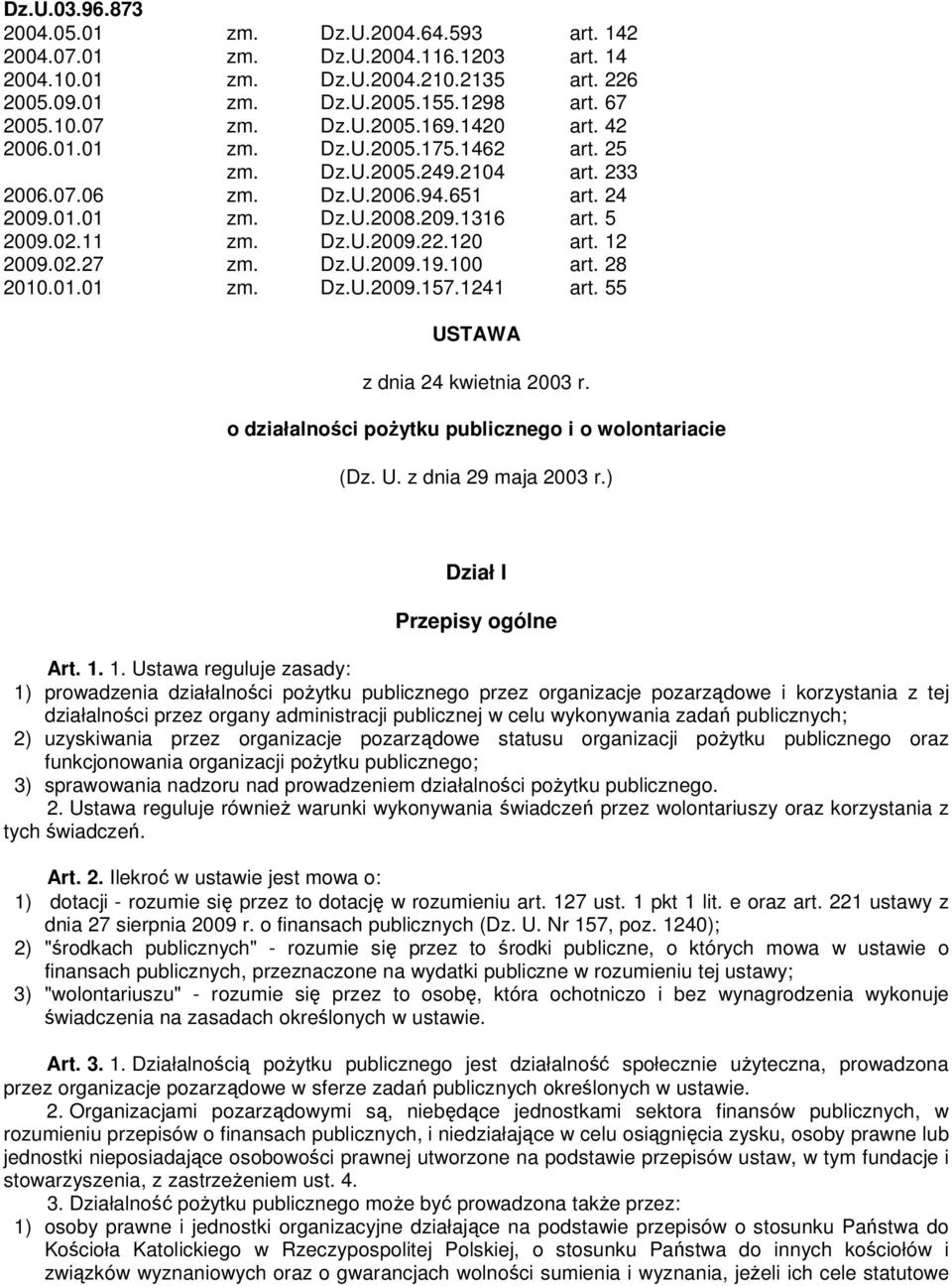 120 art. 12 2009.02.27 zm. Dz.U.2009.19.100 art. 28 2010.01.01 zm. Dz.U.2009.157.1241 art. 55 USTAWA z dnia 24 kwietnia 2003 r. o działalności poŝytku publicznego i o wolontariacie (Dz. U. z dnia 29 maja 2003 r.