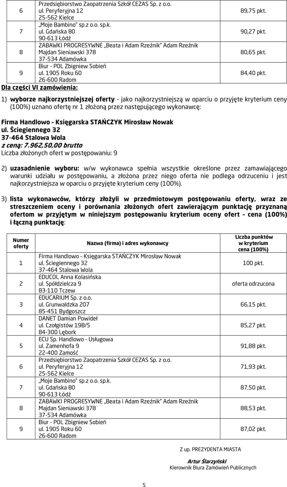 ,0,00 brutto ) uzasadnienie wyboru: w/w wykonawca spełnia wszystkie określone przez zamawiającego najkorzystniejsza w oparciu o przyjęte kryterium ceny (00%).