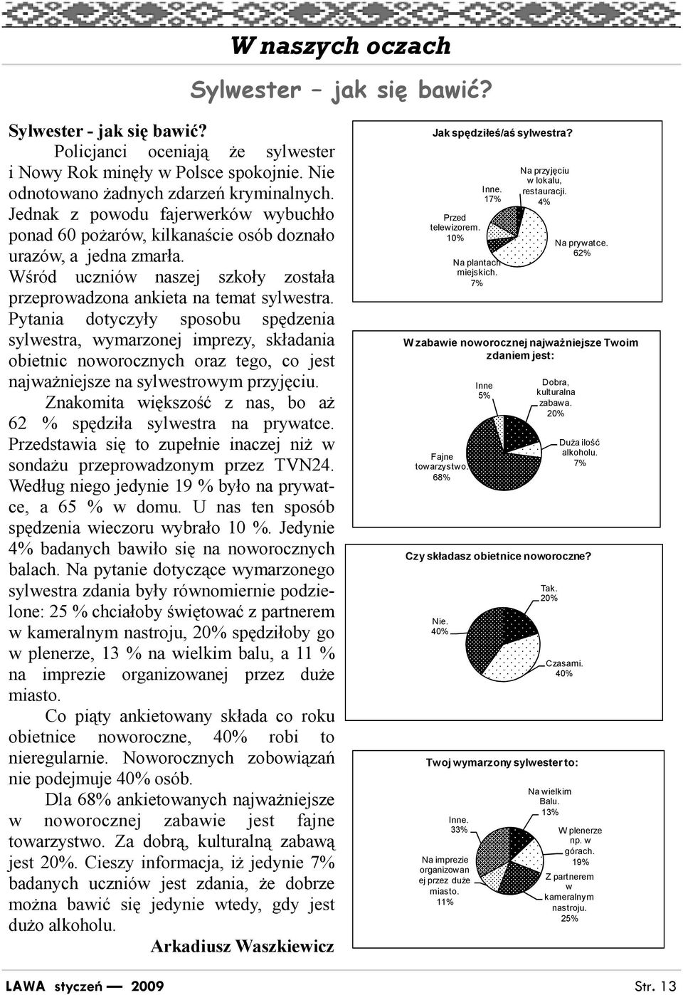 Pytania dotyczyły sposobu spędzenia sylwestra, wymarzonej imprezy, składania obietnic noworocznych oraz tego, co jest najwaŝniejsze na sylwestrowym przyjęciu.