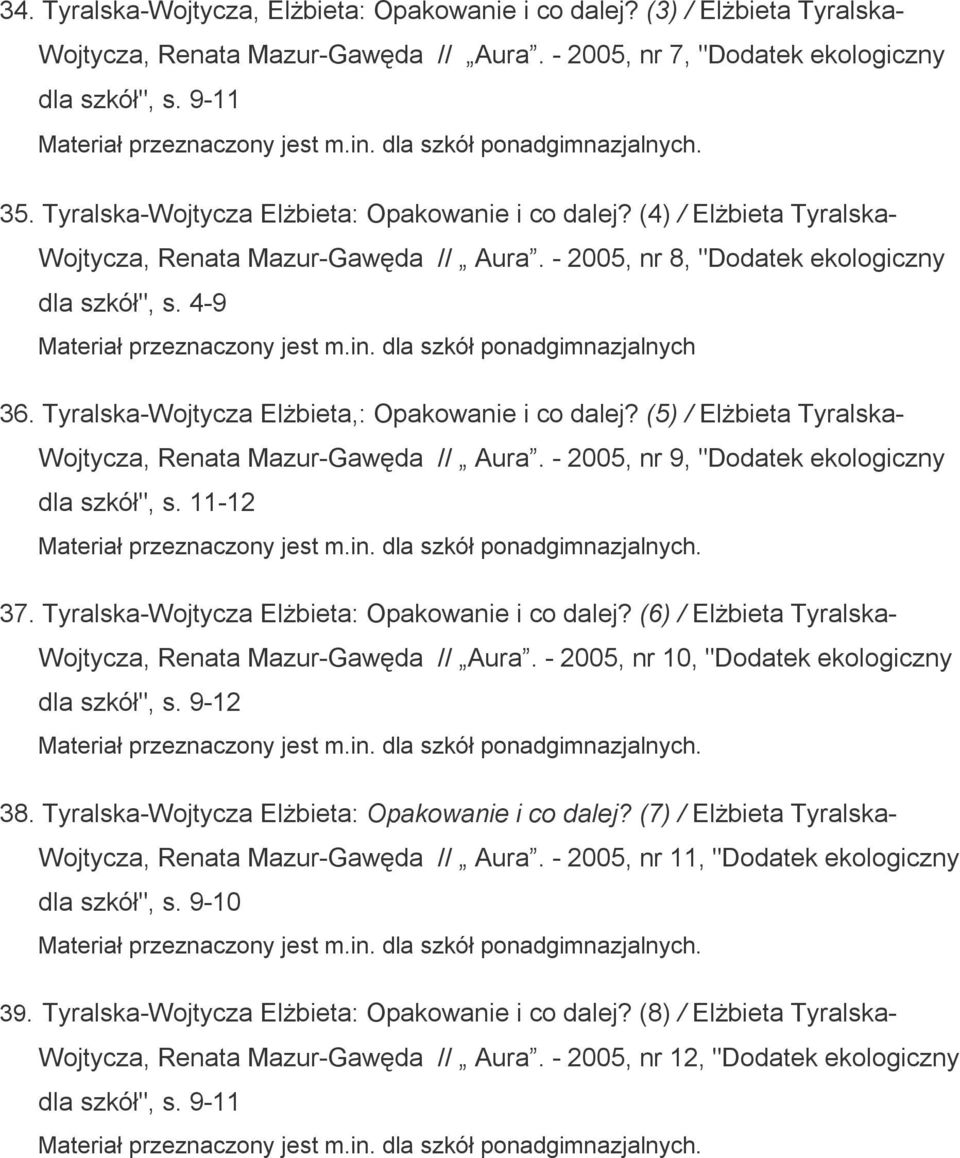 in. dla szkół ponadgimnazjalnych 36. Tyralska-Wojtycza Elżbieta,: Opakowanie i co dalej? (5) / Elżbieta Tyralska- Wojtycza, Renata Mazur-Gawęda // Aura.