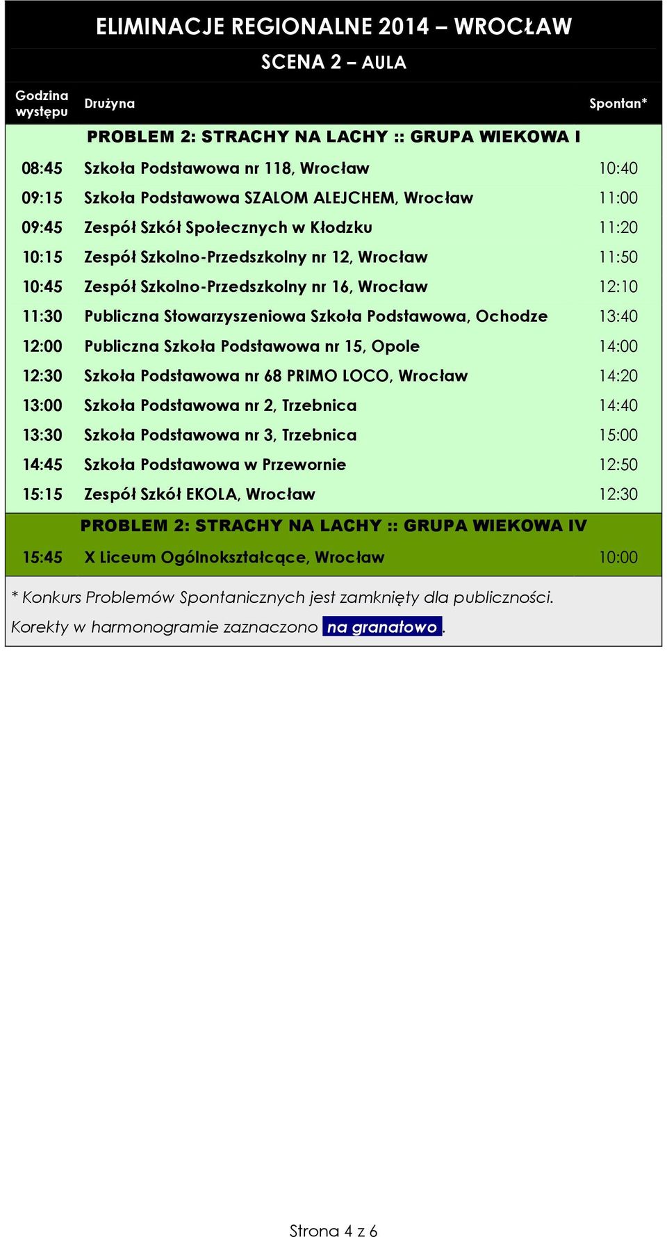 12:00 Publiczna Szkoła Podstawowa nr 15, Opole 14:00 12:30 Szkoła Podstawowa nr 68 PRIMO LOCO, Wrocław 14:20 13:00 Szkoła Podstawowa nr 2, Trzebnica 14:40 13:30 Szkoła Podstawowa nr 3,