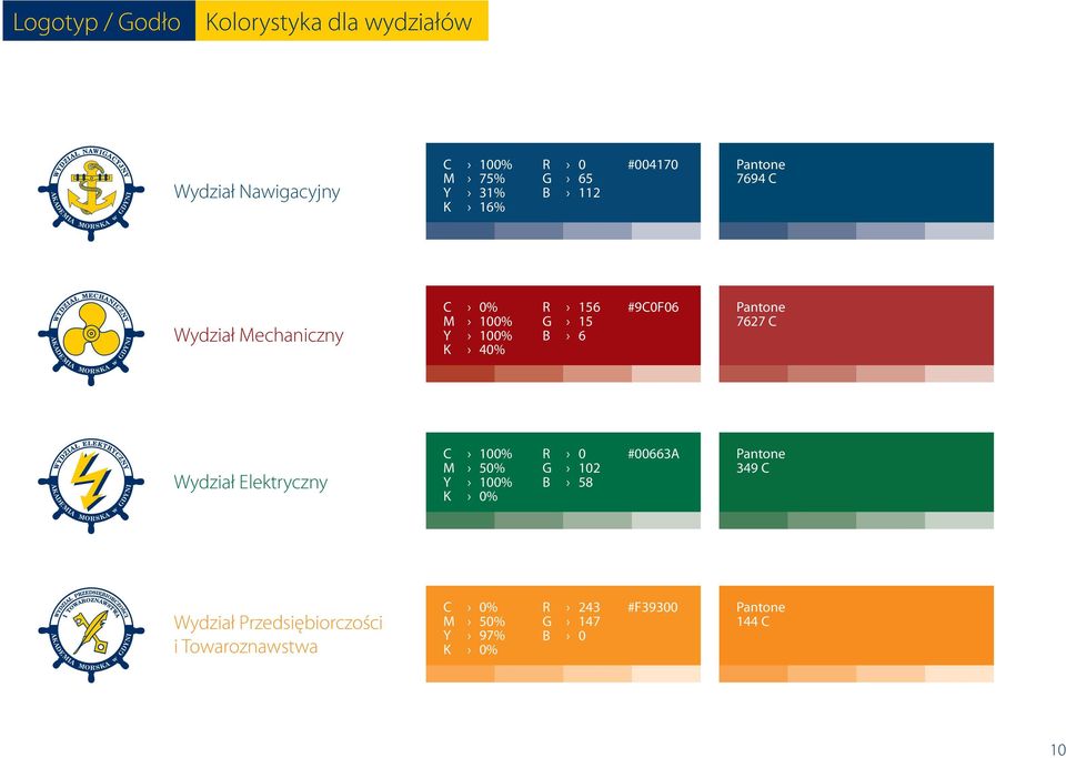 Pantone 7627 C Wydział Elektryczny C 100% M 50% Y 100% K 0% R 0 G 102 B 58 #00663A Pantone 349 C