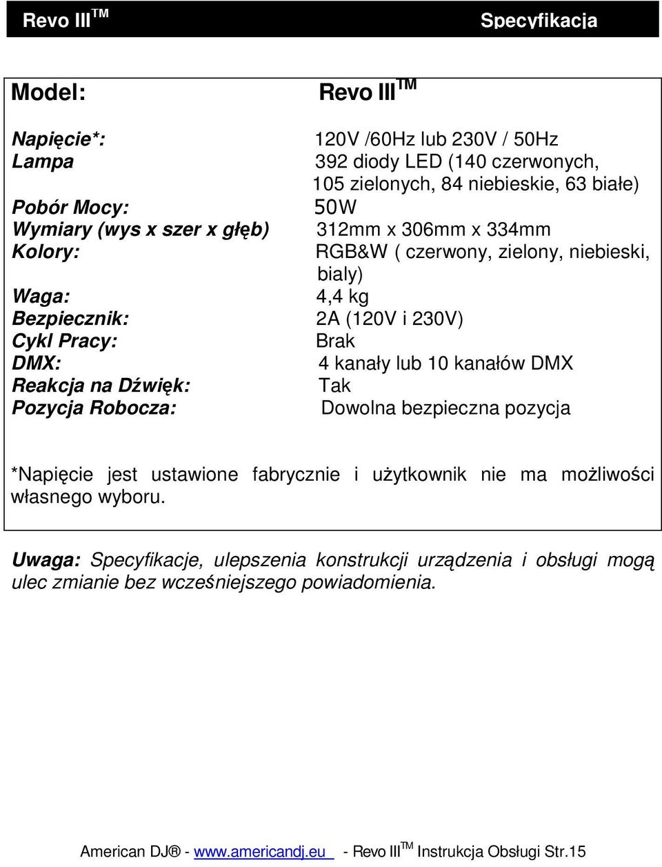 kanałów DMX Reakcja na Dźwięk: Tak Pozycja Robocza: Dowolna bezpieczna pozycja *Napięcie jest ustawione fabrycznie i uŝytkownik nie ma moŝliwości własnego wyboru.