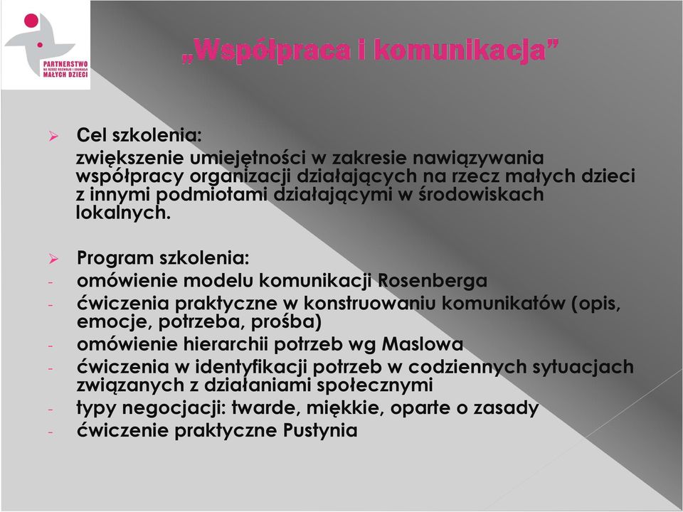 Program szkolenia: - omówienie modelu komunikacji Rosenberga - ćwiczenia praktyczne w konstruowaniu komunikatów (opis, emocje, potrzeba,