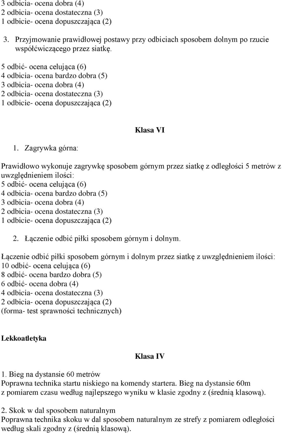 5 odbić- ocena celująca (6) 4 odbicia- ocena bardzo dobra (5) 3 odbicia- ocena dobra (4) 2 odbicia- ocena dostateczna (3) 1 odbicie- ocena dopuszczająca (2) 1.