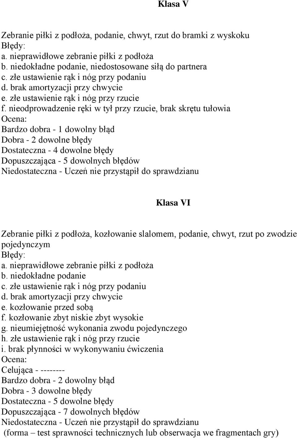 nieodprowadzenie ręki w tył przy rzucie, brak skrętu tułowia Bardzo dobra - 1 dowolny błąd Dobra - 2 dowolne błędy Dostateczna - 4 dowolne błędy Dopuszczająca - 5 dowolnych błędów Niedostateczna -