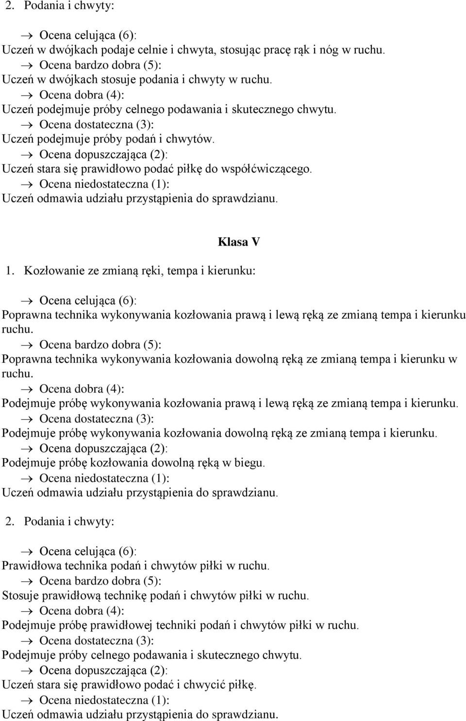 Ocena dopuszczająca (2): Uczeń stara się prawidłowo podać piłkę do współćwiczącego. Ocena niedostateczna (1): Uczeń odmawia udziału przystąpienia do sprawdzianu. Klasa V 1.