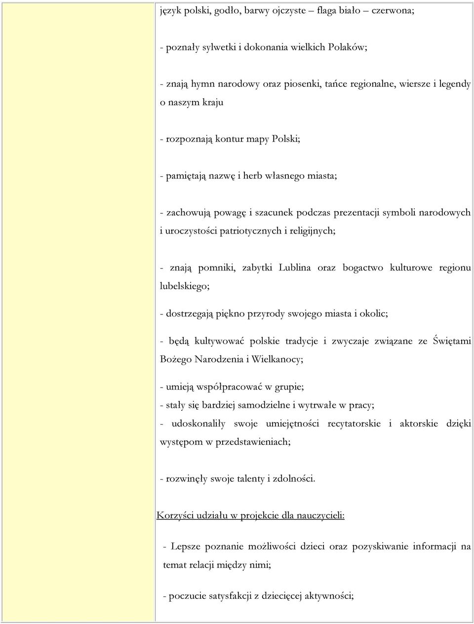 pomniki, zabytki Lublina oraz bogactwo kulturowe regionu lubelskiego; - dostrzegają piękno przyrody swojego miasta i okolic; - będą kultywować polskie tradycje i zwyczaje związane ze Świętami Bożego