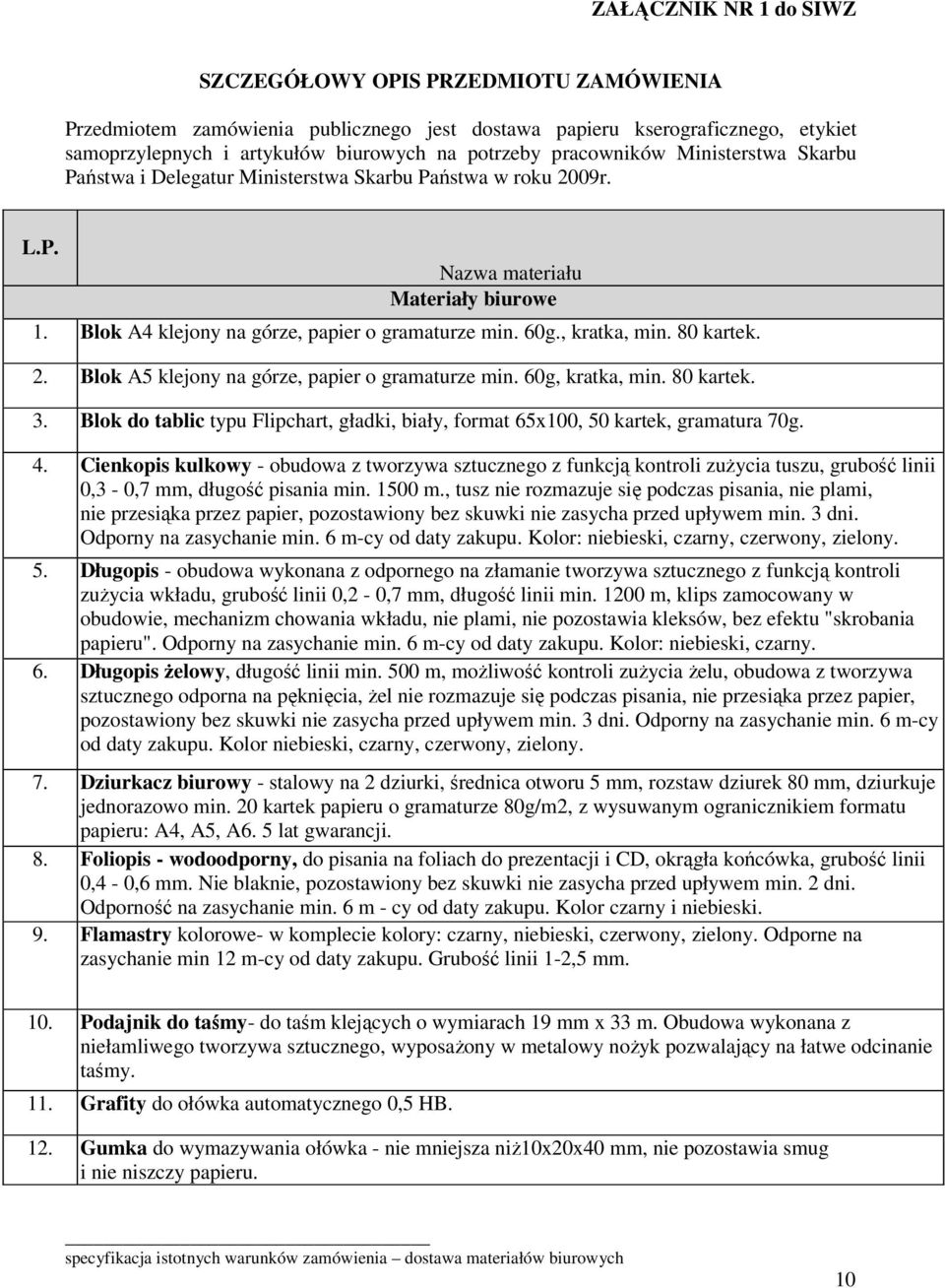 , kratka, min. 80 kartek. 2. Blok A5 klejony na górze, papier o gramaturze min. 60g, kratka, min. 80 kartek. 3. Blok do tablic typu Flipchart, gładki, biały, format 65x100, 50 kartek, gramatura 70g.