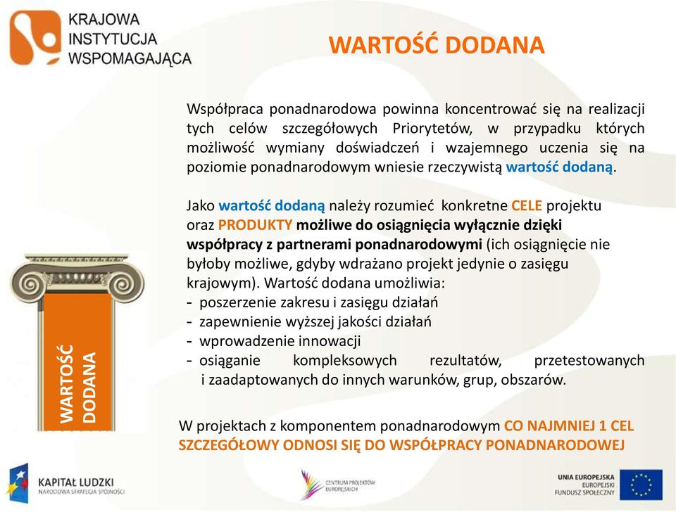 Jako wartość dodaną należy rozumieć konkretne CELE projektu oraz PRODUKTY możliwe do osiągnięcia wyłącznie dzięki współpracy z partnerami ponadnarodowymi (ich osiągnięcie nie byłoby możliwe, gdyby