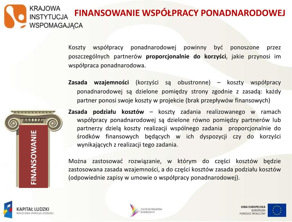 Zasada podziału kosztów koszty zadania realizowanego w ramach współpracy ponadnarodowej są dzielone równo pomiędzy partnerów lub partnerzy dzielą koszty realizacji wspólnego zadania proporcjonalnie