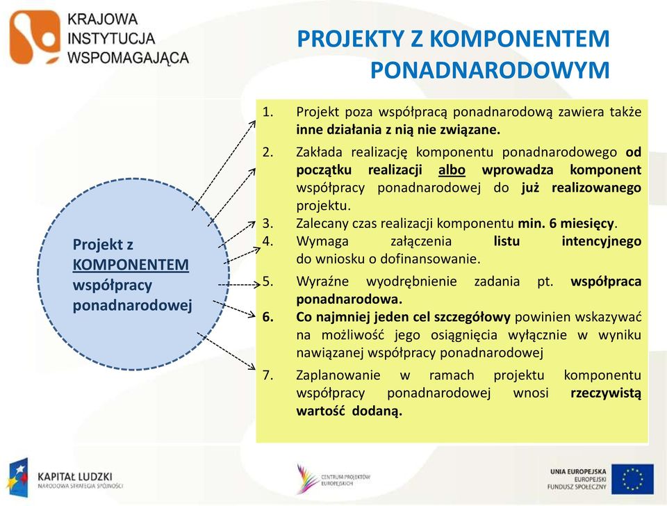 Zalecany czas realizacji komponentu min. 6 miesięcy. 4. Wymaga załączenia listu intencyjnego do wniosku o dofinansowanie. 5. Wyraźne wyodrębnienie zadania pt. współpraca ponadnarodowa. 6. Co najmniej jeden cel szczegółowy powinien wskazywać na możliwość jego osiągnięcia wyłącznie w wyniku nawiązanej współpracy ponadnarodowej 7.