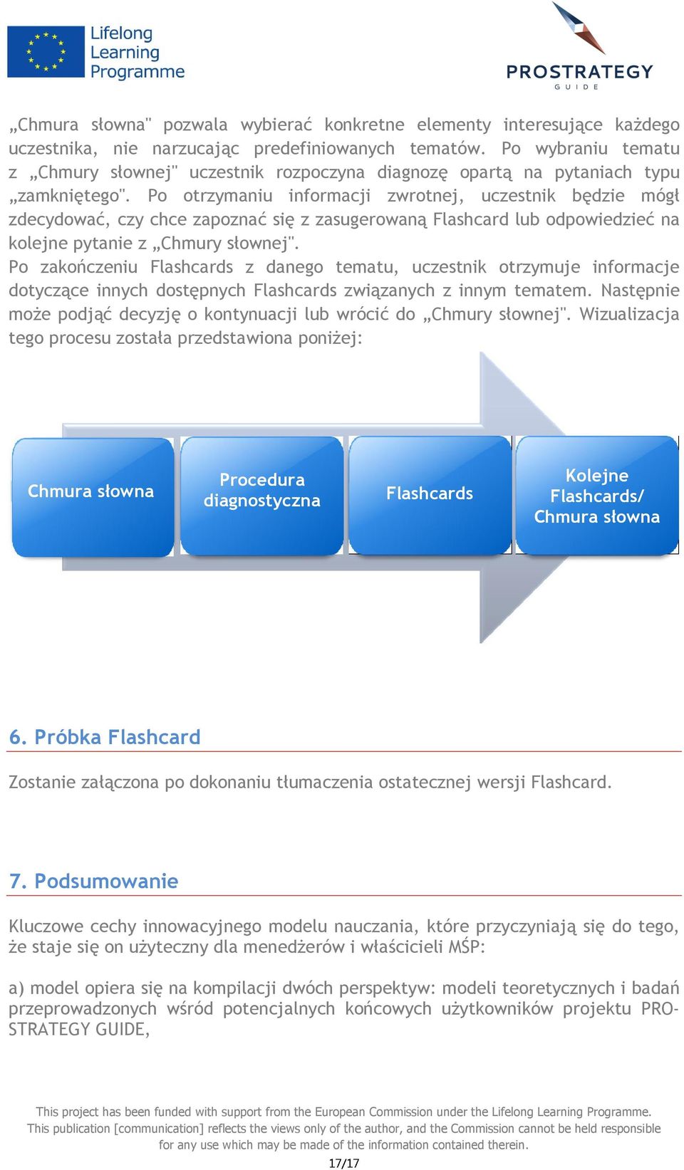 Po otrzymaniu informacji zwrotnej, uczestnik będzie mógł zdecydować, czy chce zapoznać się z zasugerowaną Flashcard lub odpowiedzieć na kolejne pytanie z Chmury słownej".