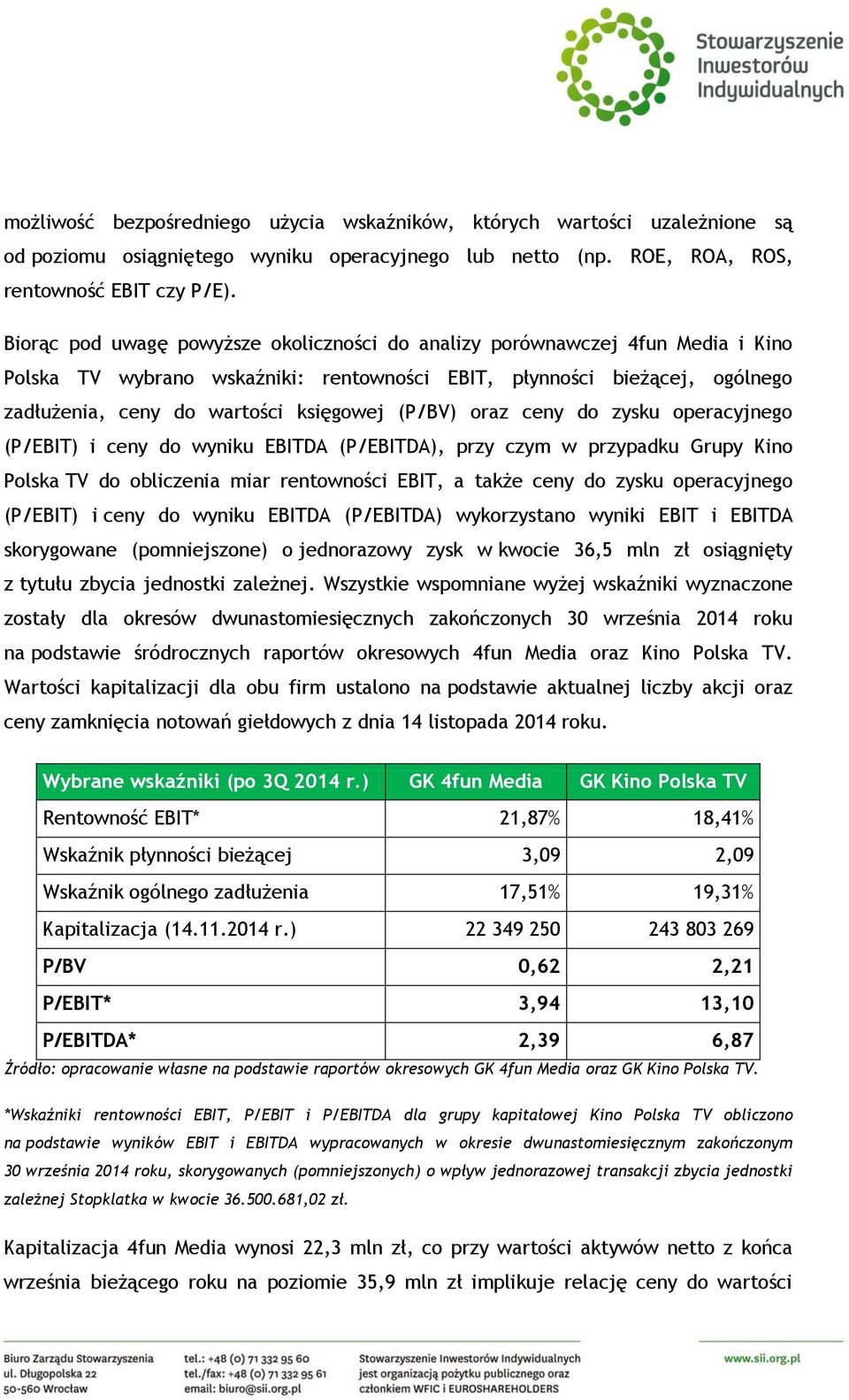 (P/BV) oraz ceny do zysku operacyjnego (P/EBIT) i ceny do wyniku EBITDA (P/EBITDA), przy czym w przypadku Grupy Kino Polska TV do obliczenia miar rentowności EBIT, a także ceny do zysku operacyjnego