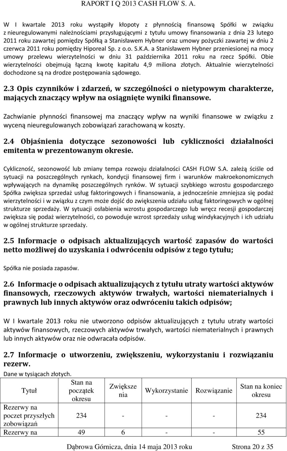 a Stanisławem Hybner przeniesionej na mocy umowy przelewu wierzytelności w dniu 31 października 2011 roku na rzecz Spółki. Obie wierzytelności obejmują łączną kwotę kapitału 4,9 miliona złotych.