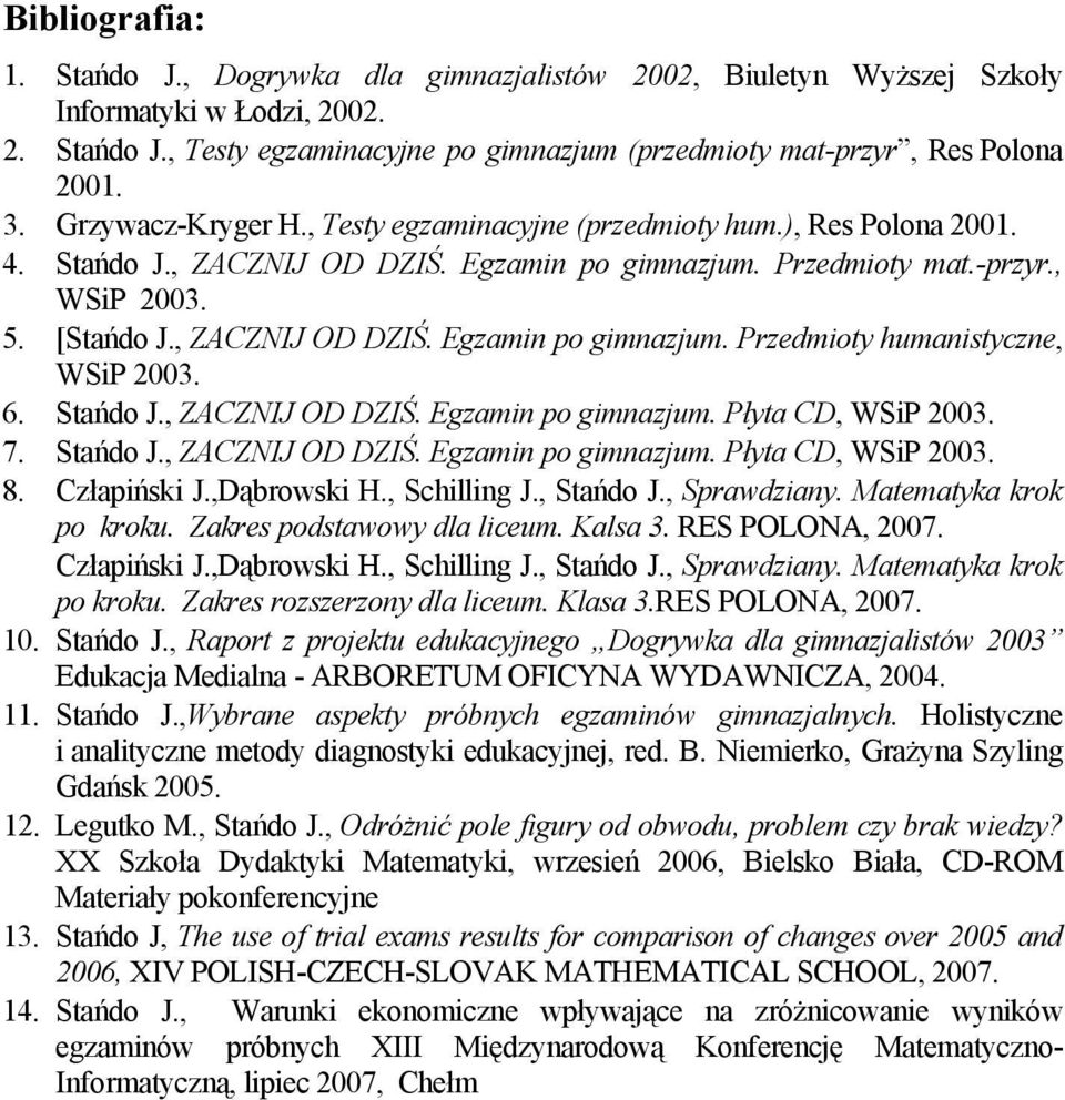 6. Stańdo J., ZACZNIJ OD DZIŚ. Egzamin po gimnazjum. Płyta CD, WSiP 23. 7. Stańdo J., ZACZNIJ OD DZIŚ. Egzamin po gimnazjum. Płyta CD, WSiP 23. 8. Człapiński J.,Dąbrowski H., Schilling J., Stańdo J.