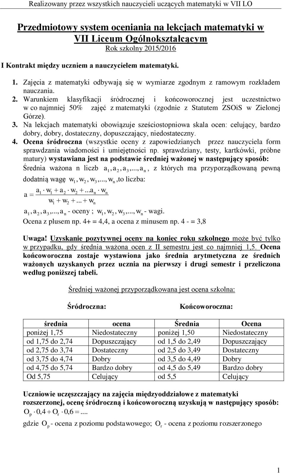 Warunkiem klasyfikacji śródrocznej i końcoworocznej jest uczestnictwo w co najmniej 50% zajęć z matematyki (zgodnie z Statutem ZSOiS w Zielonej Górze). 3.