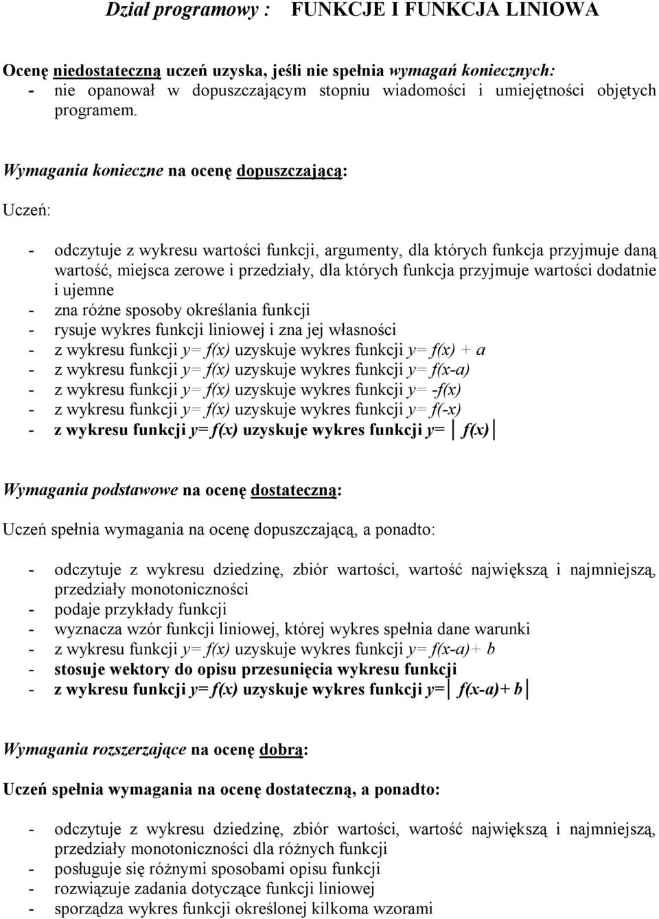 Wymagania konieczne na ocenę dopuszczającą: Uczeń: - odczytuje z wykresu wartości funkcji, argumenty, dla których funkcja przyjmuje daną wartość, miejsca zerowe i przedziały, dla których funkcja