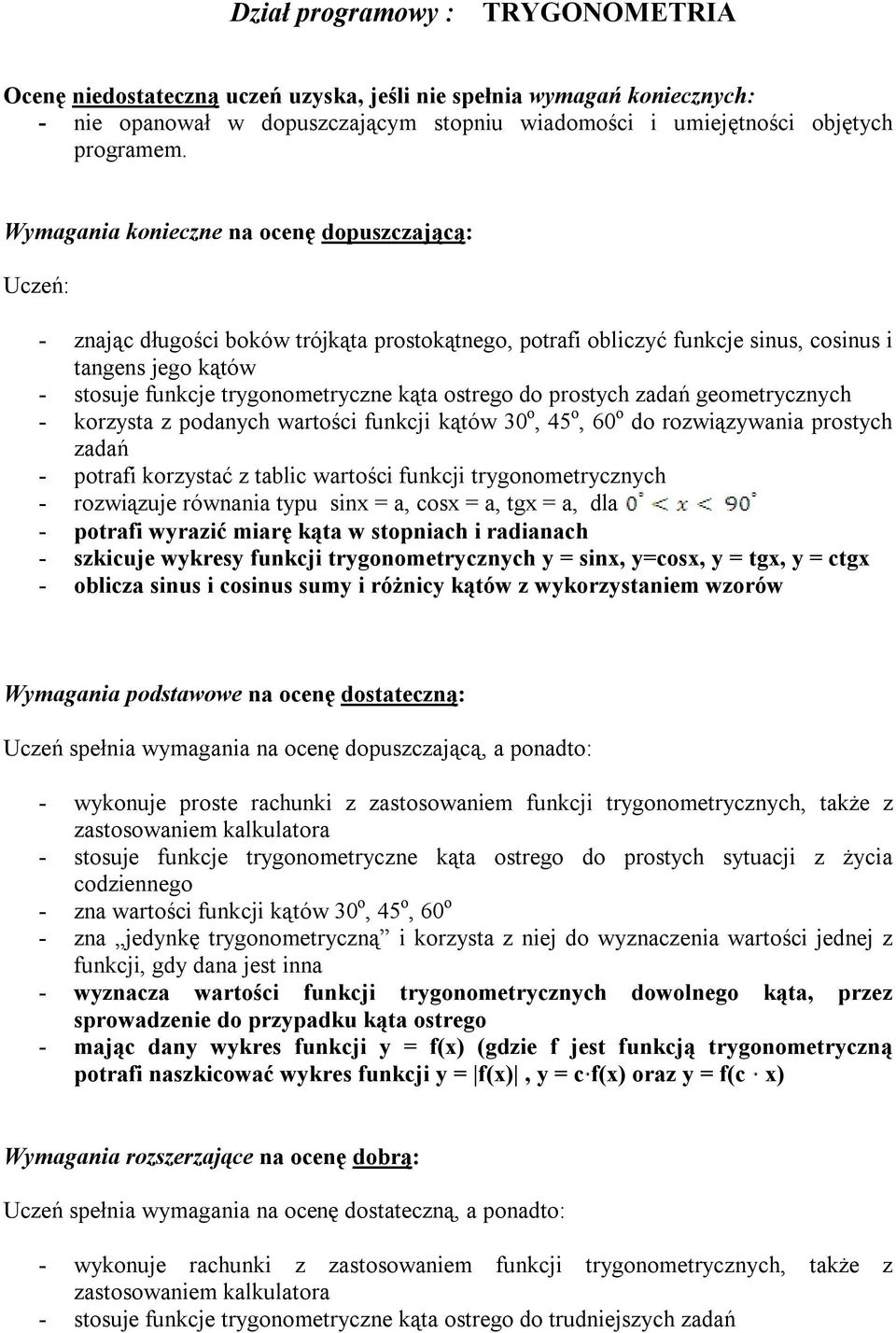 ostrego do prostych zadań geometrycznych - korzysta z podanych wartości funkcji kątów 30 o, 45 o, 60 o do rozwiązywania prostych zadań - potrafi korzystać z tablic wartości funkcji trygonometrycznych