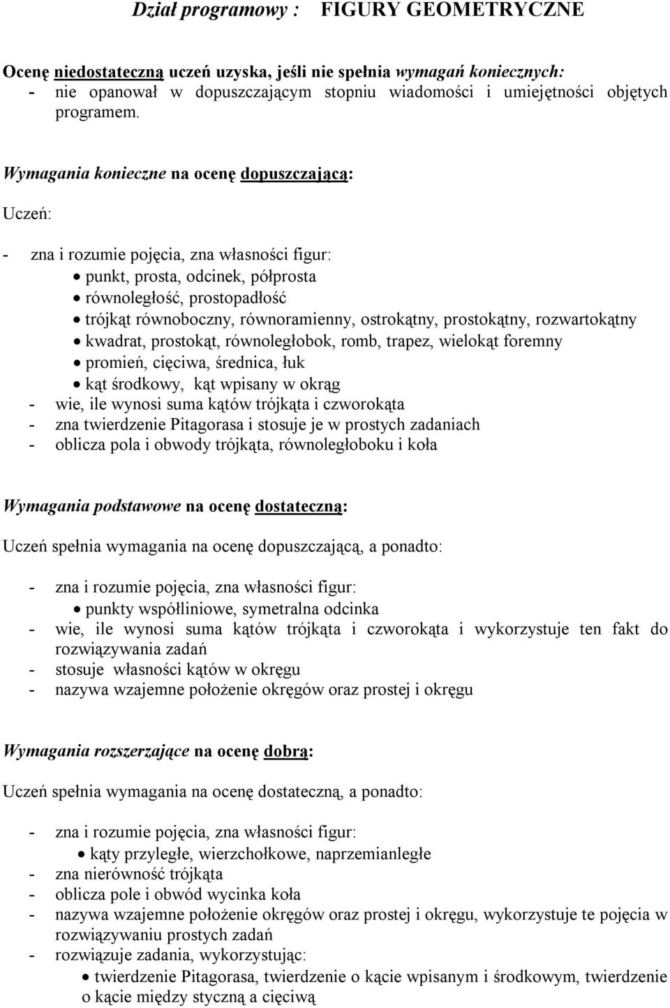 ostrokątny, prostokątny, rozwartokątny kwadrat, prostokąt, równoległobok, romb, trapez, wielokąt foremny promień, cięciwa, średnica, łuk kąt środkowy, kąt wpisany w okrąg - wie, ile wynosi suma kątów