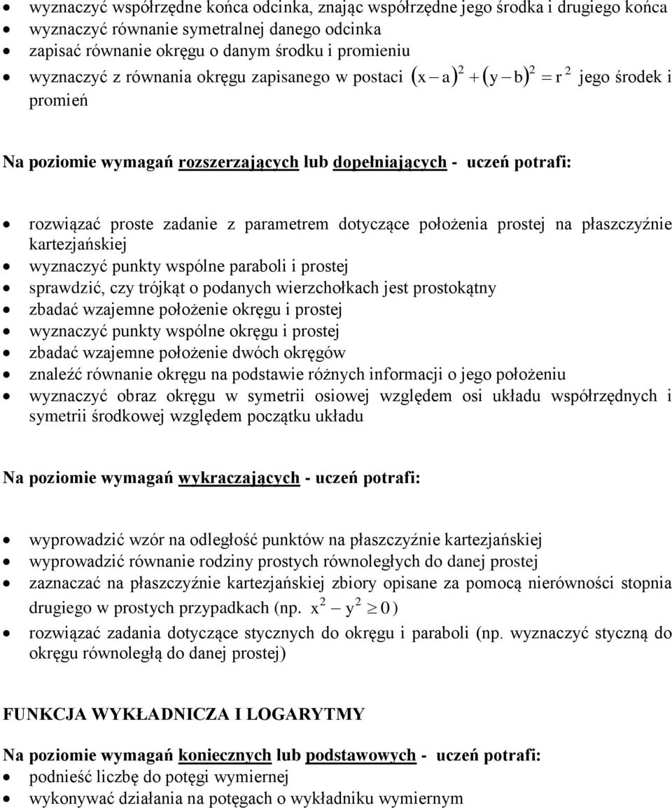 położenia prostej na płaszczyźnie kartezjańskiej wyznaczyć punkty wspólne paraboli i prostej sprawdzić, czy trójkąt o podanych wierzchołkach jest prostokątny zbadać wzajemne położenie okręgu i