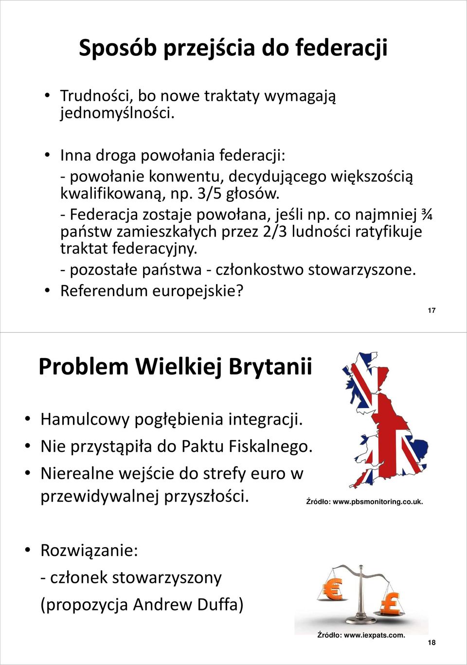 co najmniej ¾ państw zamieszkałych przez 2/3 ludności ratyfikuje traktat federacyjny. - pozostałe państwa - członkostwo stowarzyszone. Referendum europejskie?