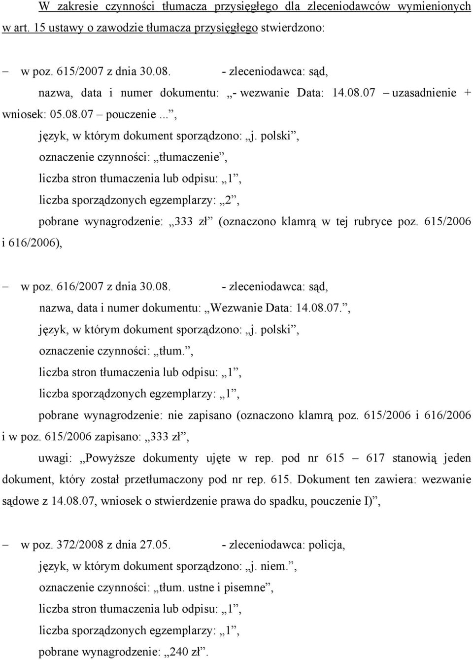 polski, oznaczenie czynności: tłumaczenie, liczba sporządzonych egzemplarzy: 2, pobrane wynagrodzenie: 333 zł (oznaczono klamrą w tej rubryce poz. 615/2006 i 616/2006), w poz. 616/2007 z dnia 30.08.