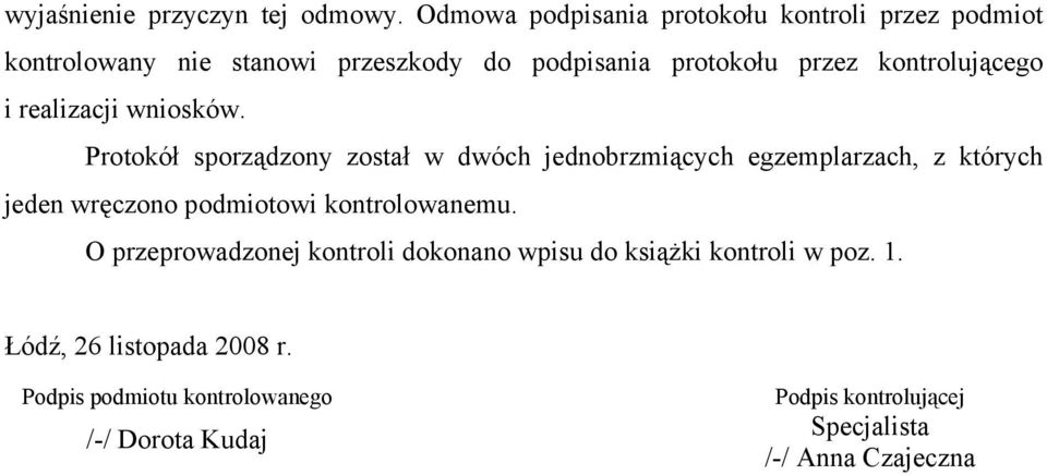 kontrolującego i realizacji wniosków.