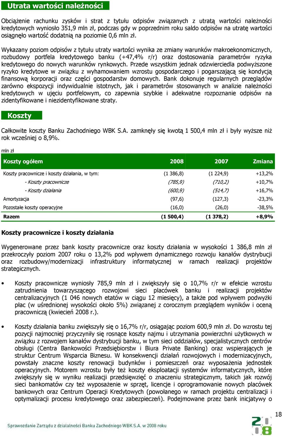 Wykazany poziom odpisów z tytułu utraty wartości wynika ze zmiany warunków makroekonomicznych, rozbudowy portfela kredytowego banku (+47,4% r/r) oraz dostosowania parametrów ryzyka kredytowego do