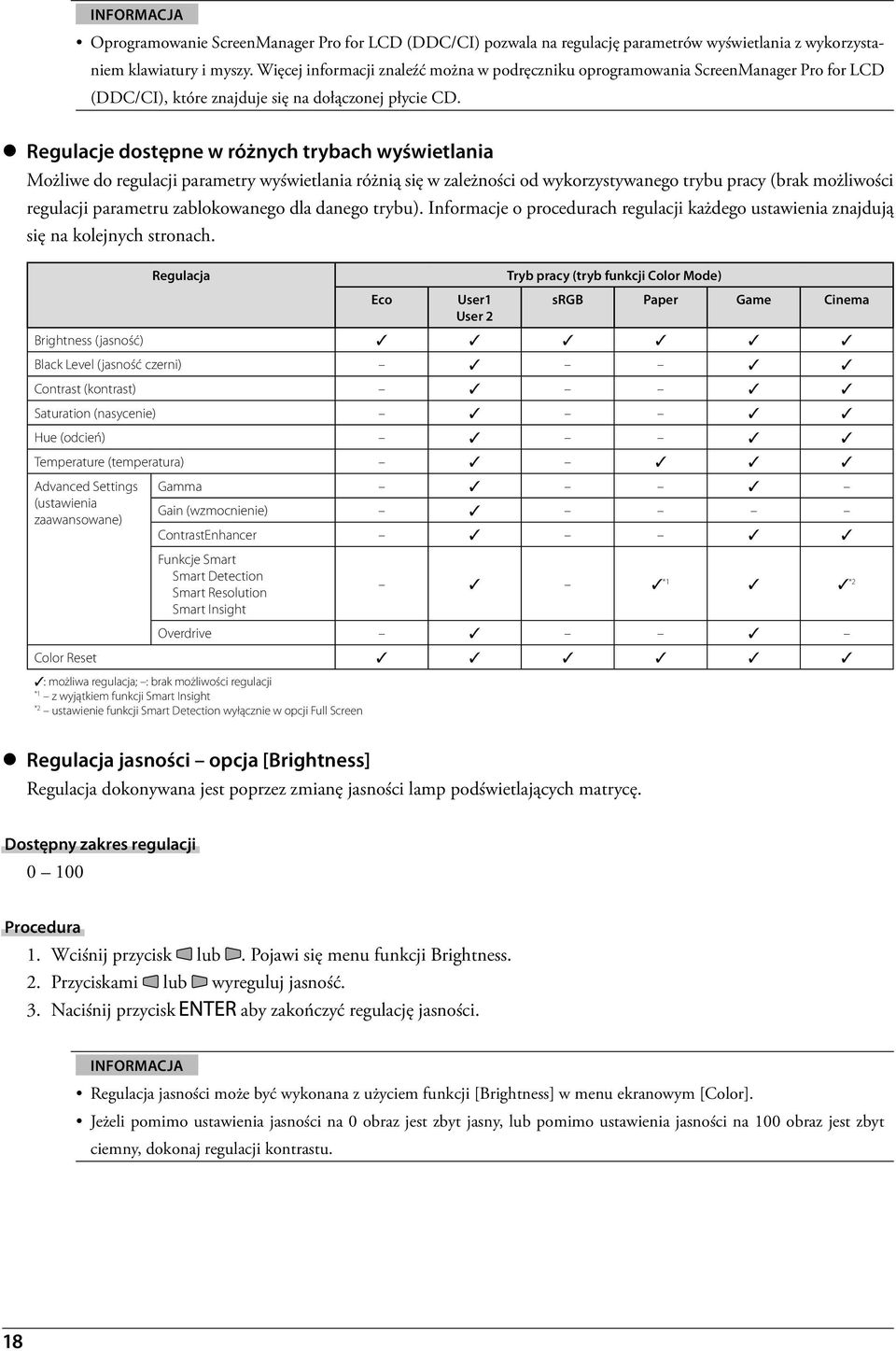 z Regulacje dostępne w różnych trybach wyświetlania Możliwe do regulacji parametry wyświetlania różnią się w zależności od wykorzystywanego trybu pracy (brak możliwości regulacji parametru