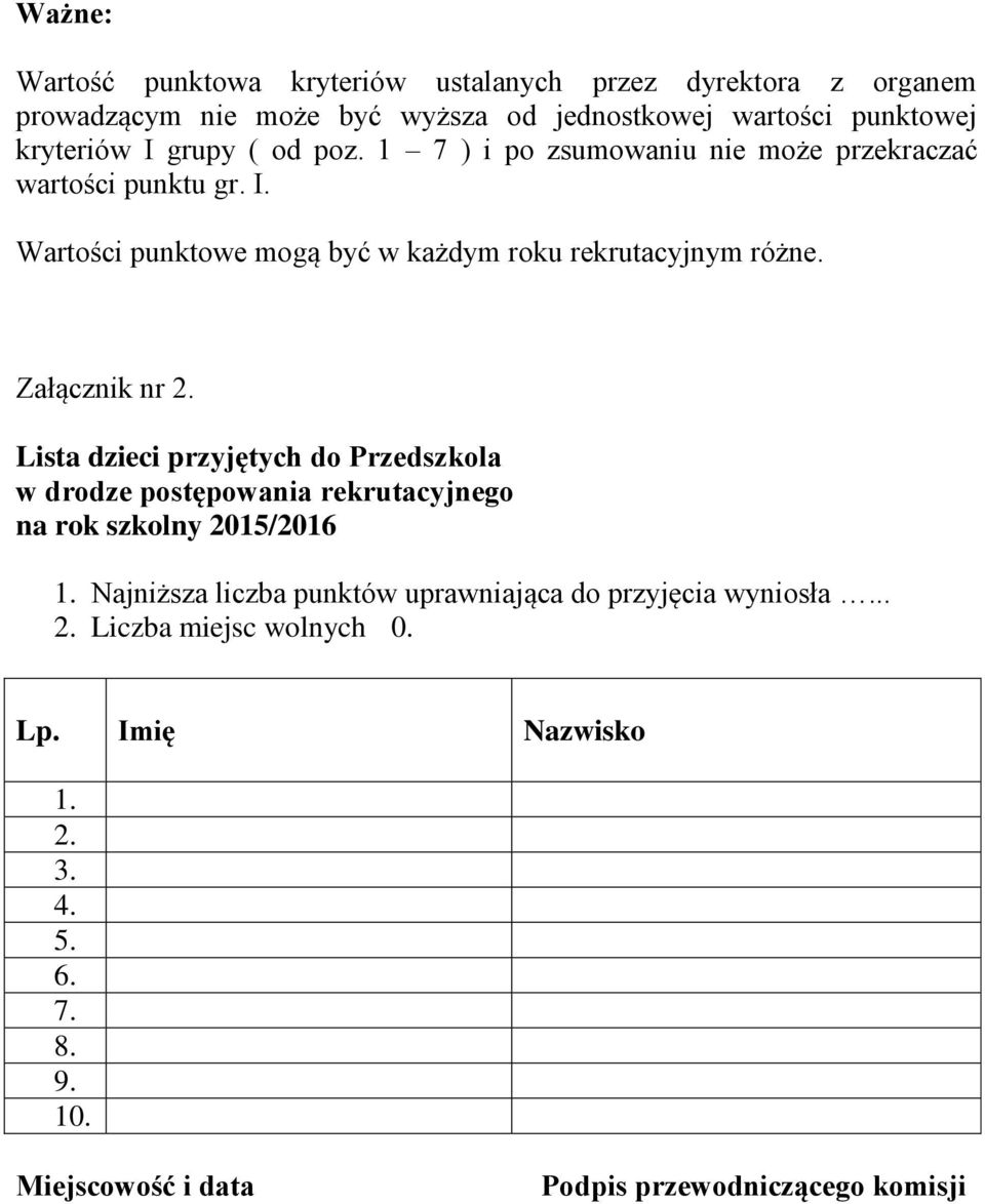 Załącznik nr 2. Lista dzieci przyjętych do Przedszkola w drodze postępowania rekrutacyjnego na rok szkolny 2015/2016 1.