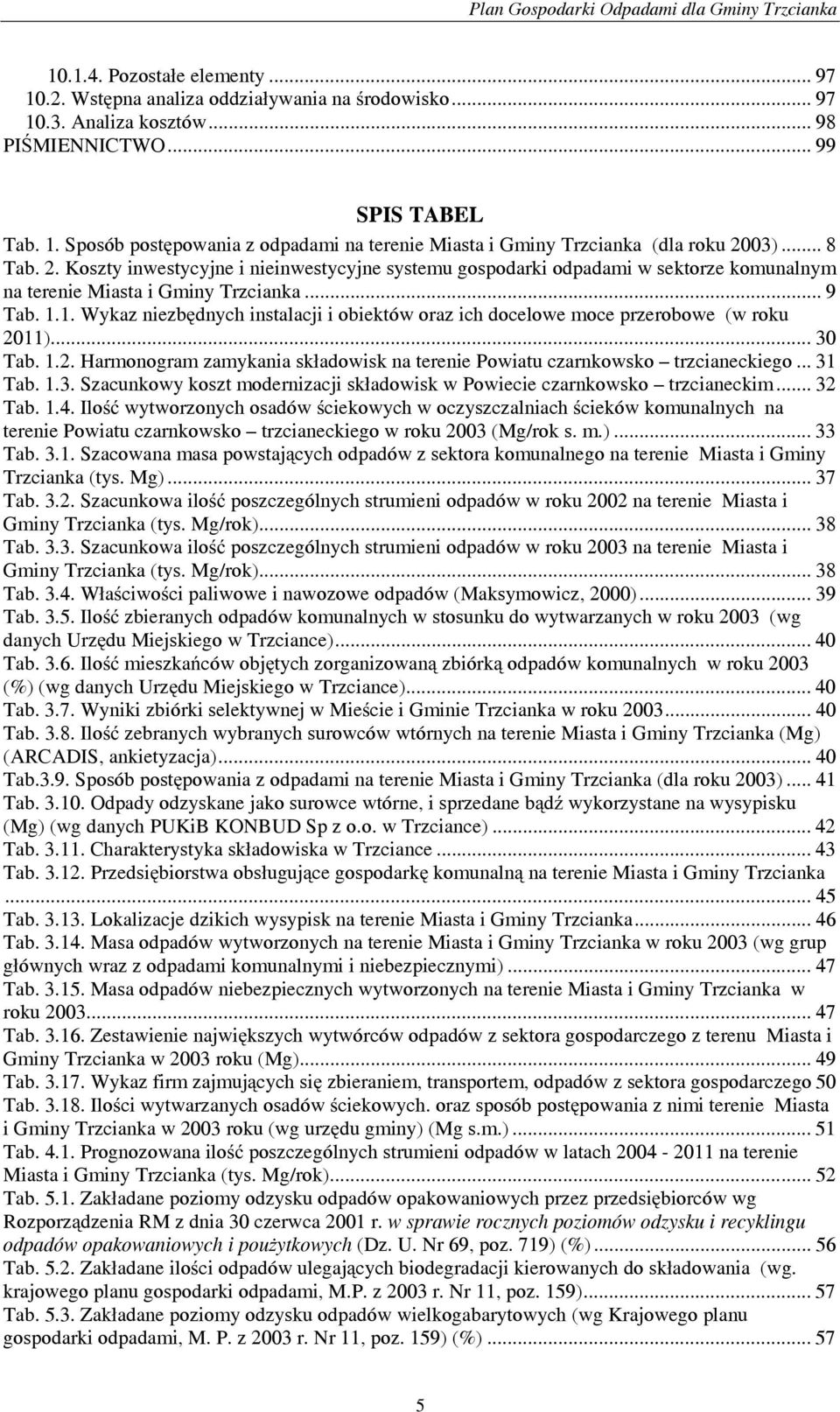 1. Wykaz niezbędnych instalacji i obiektów oraz ich docelowe moce przerobowe (w roku 2011)... 30 Tab. 1.2. Harmonogram zamykania składowisk na terenie Powiatu czarnkowsko trzcianeckiego... 31 Tab. 1.3. Szacunkowy koszt modernizacji składowisk w Powiecie czarnkowsko trzcianeckim.