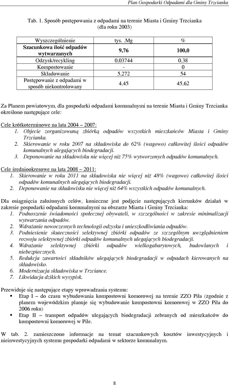 powiatowym, dla gospodarki odpadami komunalnymi na terenie Miasta i Gminy Trzcianka określono następujące cele: Cele krótkoterminowe na lata 2004 2007: 1.