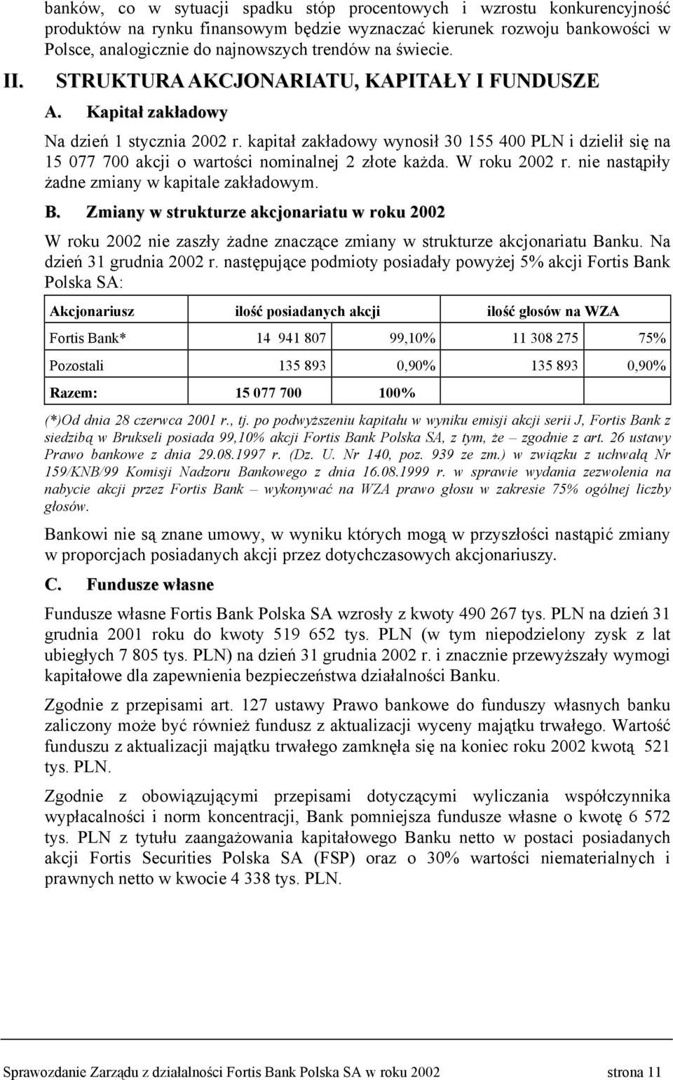 kapitał zakładowy wynosił 30 155 400 PLN i dzielił się na 15 077 700 akcji o wartości nominalnej 2 złote każda. W roku 2002 r. nie nastąpiły żadne zmiany w kapitale zakładowym. B.