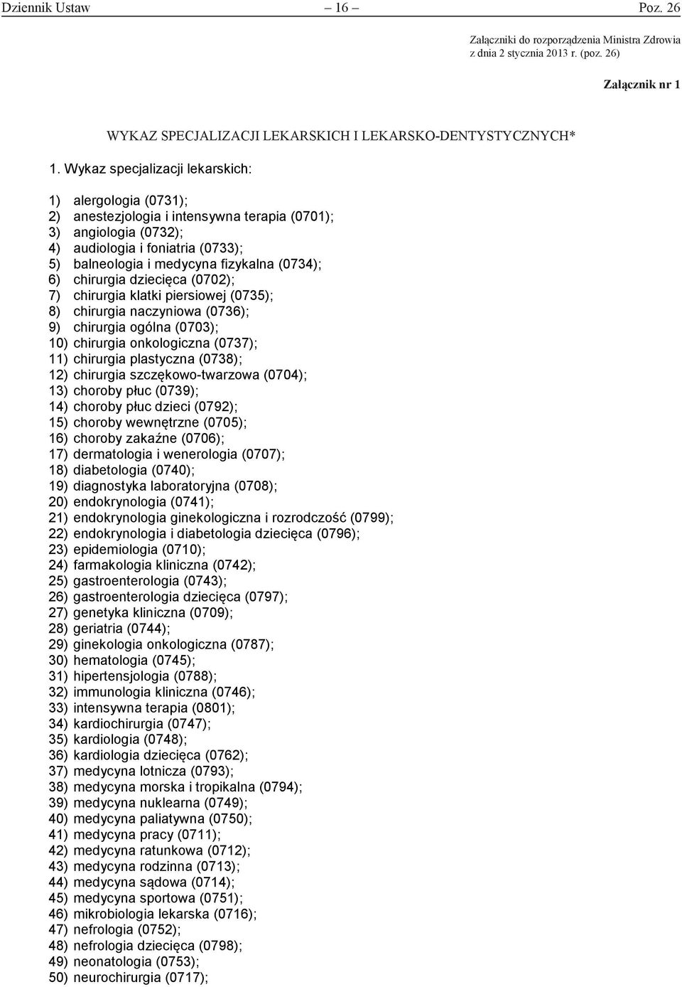 Wykaz specjalizacji lekarskich: 1) alergologia (0731); 2) anestezjologia i intensywna terapia (0701); 3) angiologia (0732); 4) audiologia i foniatria (0733); 5) balneologia i medycyna fizykalna