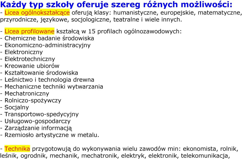 - Licea profilowane kształcą w 15 profilach ogólnozawodowych: - Chemiczne badanie środowiska - Ekonomiczno-administracyjny - Elektroniczny - Elektrotechniczny - Kreowanie ubiorów - Kształtowanie