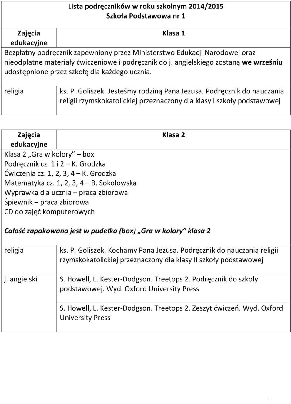 Podręcznik do nauczania religii rzymskokatolickiej przeznaczony dla klasy I szkoły podstawowej Klasa 2 Gra w kolory box Podręcznik cz. 1 i 2 K. Grodzka Ćwiczenia cz. 1, 2, 3, 4 K.