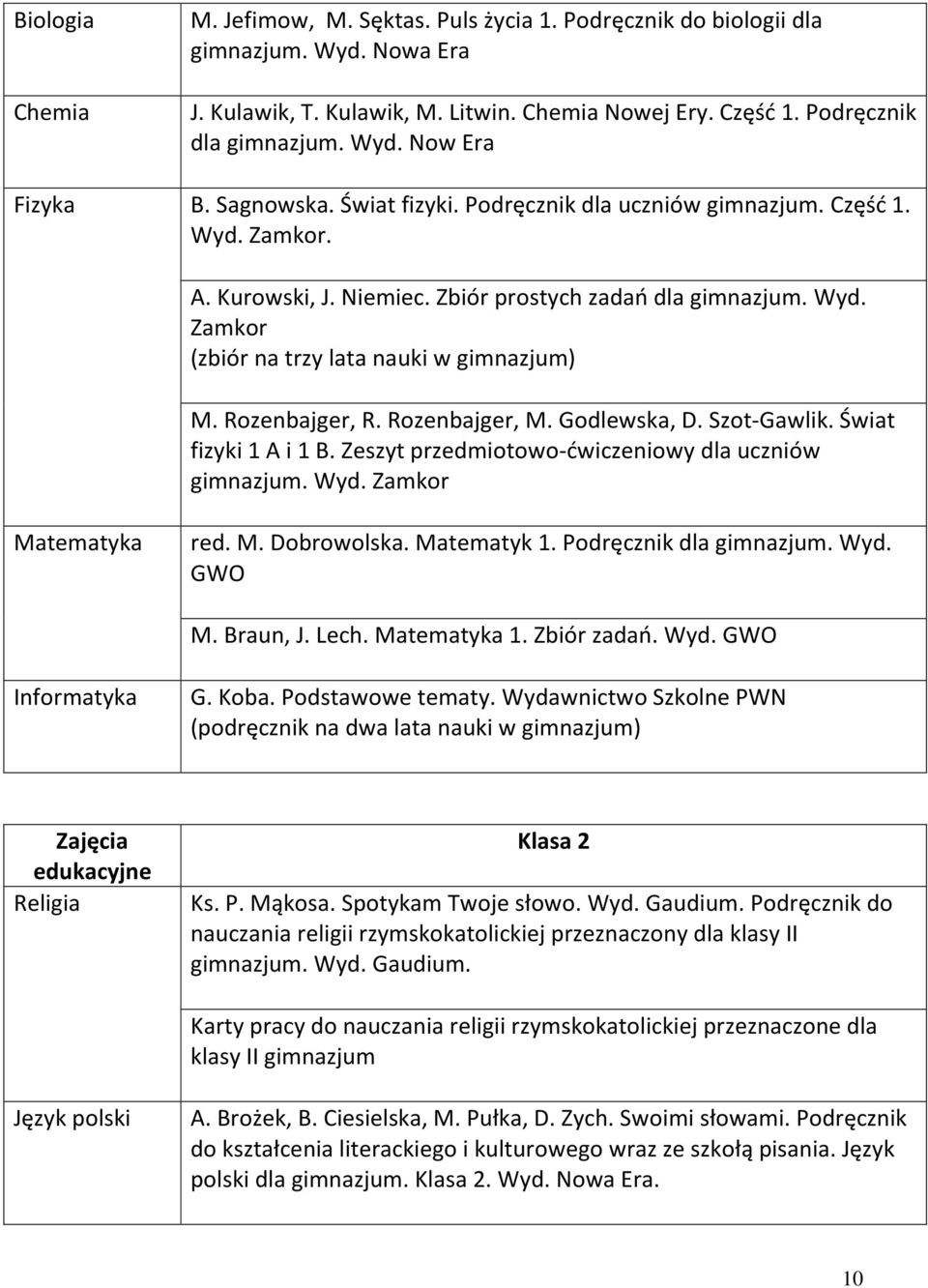 Rozenbajger, R. Rozenbajger, M. Godlewska, D. Szot-Gawlik. Świat fizyki 1 A i 1 B. Zeszyt przedmiotowo-ćwiczeniowy dla uczniów gimnazjum. Wyd. Zamkor Matematyka red. M. Dobrowolska. Matematyk 1.