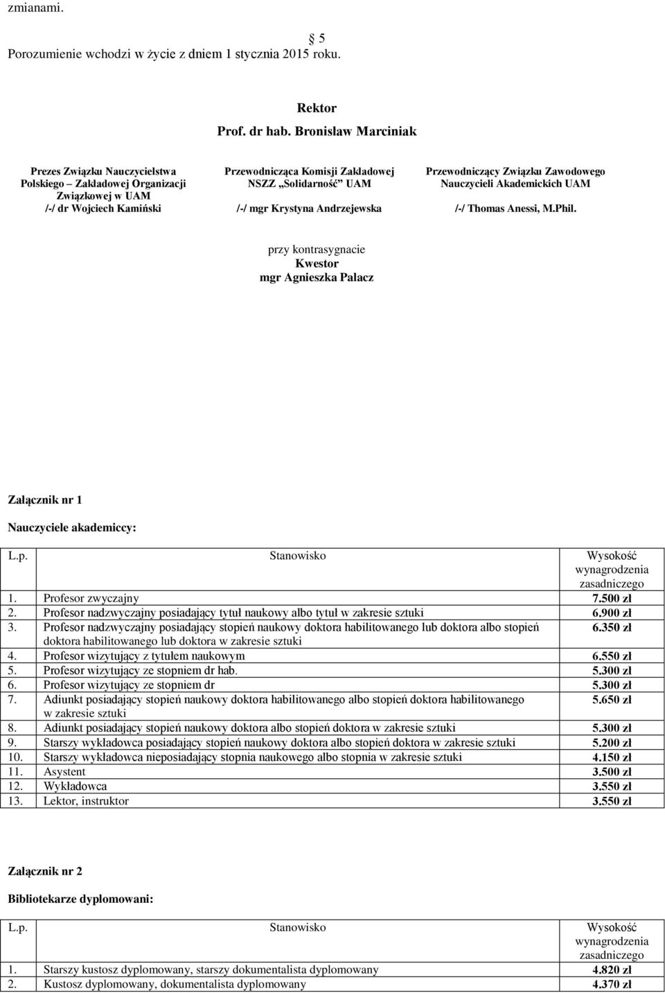 UAM /-/ dr Wojciech Kmiński /-/ mgr Krystyn Andrzejewsk /-/ Thoms Anessi, M.Phil. przy kontrsygncie Kwestor mgr Agnieszk Plcz Złącznik nr 1 Nuczyciele kdemiccy: L.p. Stnowisko Wysokość wyngrodzeni zsdniczego 1.