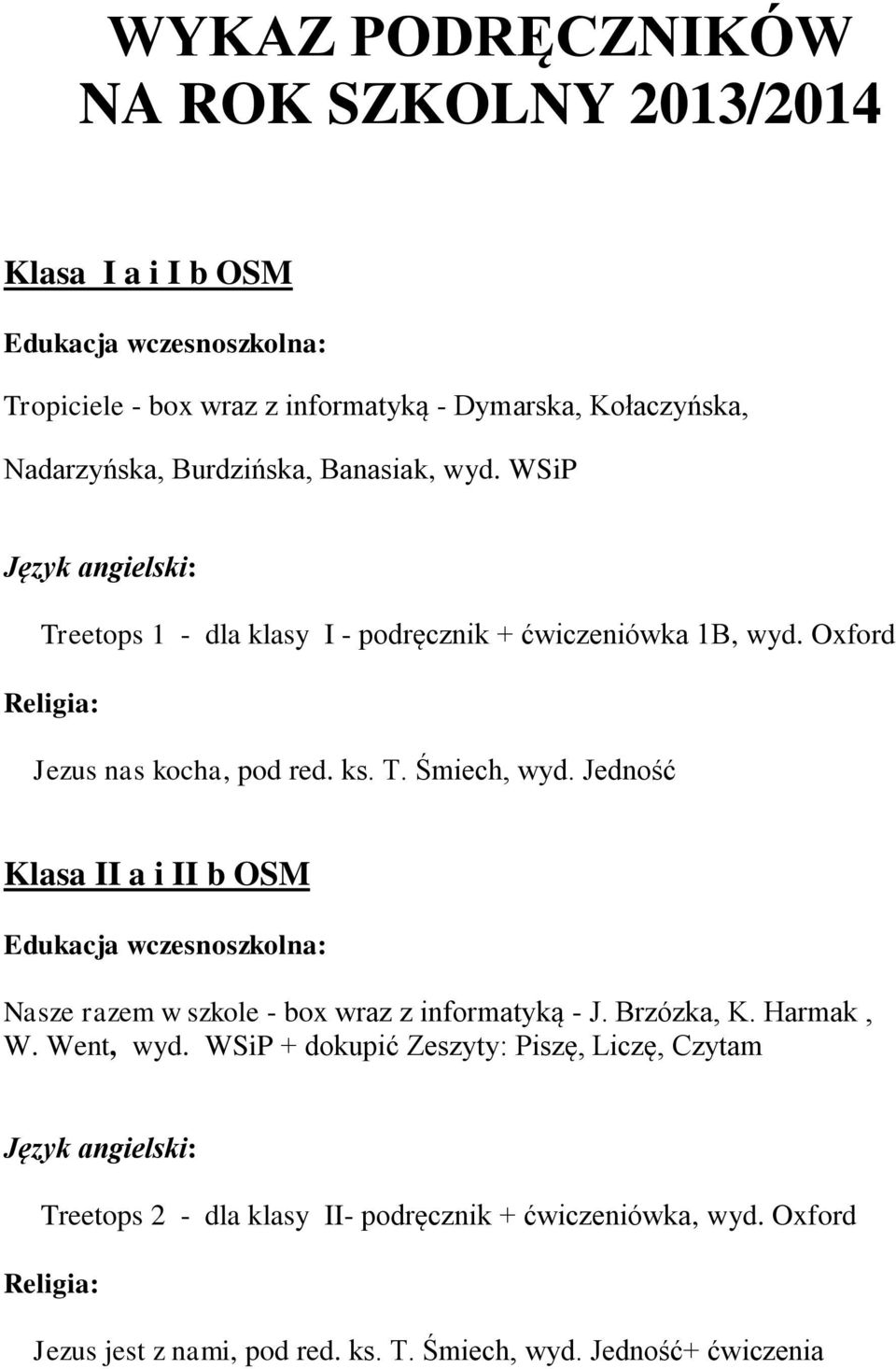 Jedność Klasa II a i II b OSM Edukacja wczesnoszkolna: Nasze razem w szkole - box wraz z informatyką - J. Brzózka, K. Harmak, W. Went, wyd.