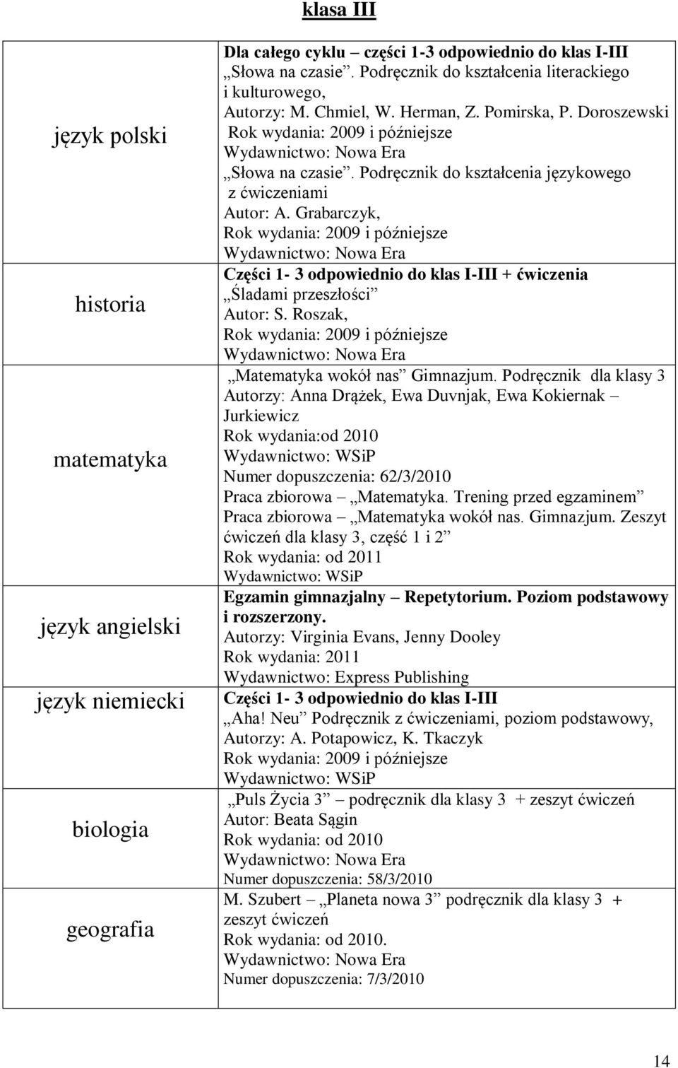 Grabarczyk, Części 1-3 odpowiednio do klas I-III + ćwiczenia Śladami przeszłości Autor: S. Roszak, Matematyka wokół nas Gimnazjum.