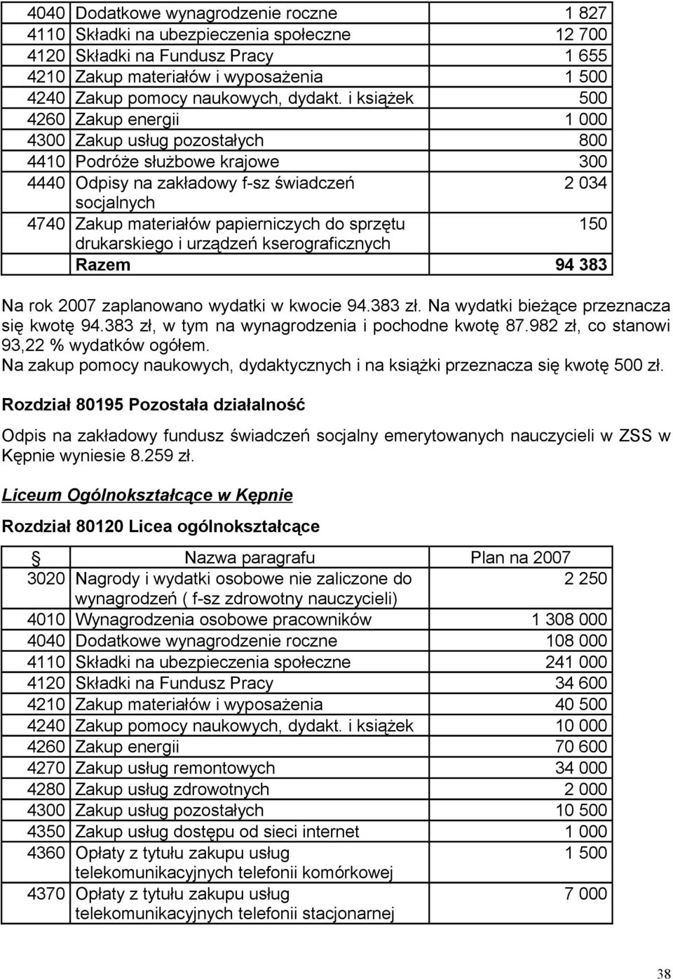 i książek 500 4260 Zakup energii 1 000 4300 Zakup usług pozostałych 800 4410 Podróże służbowe krajowe 300 4440 Odpisy na zakładowy f-sz świadczeń 2 034 socjalnych 4740 Zakup materiałów papierniczych