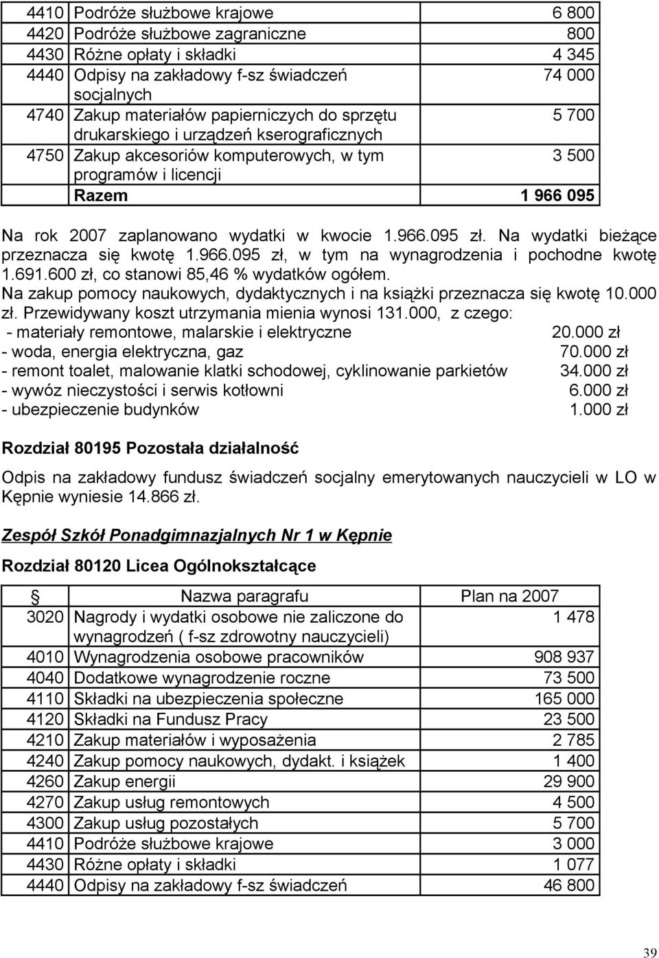 1.966.095 zł. Na wydatki bieżące przeznacza się kwotę 1.966.095 zł, w tym na wynagrodzenia i pochodne kwotę 1.691.600 zł, co stanowi 85,46 % wydatków ogółem.