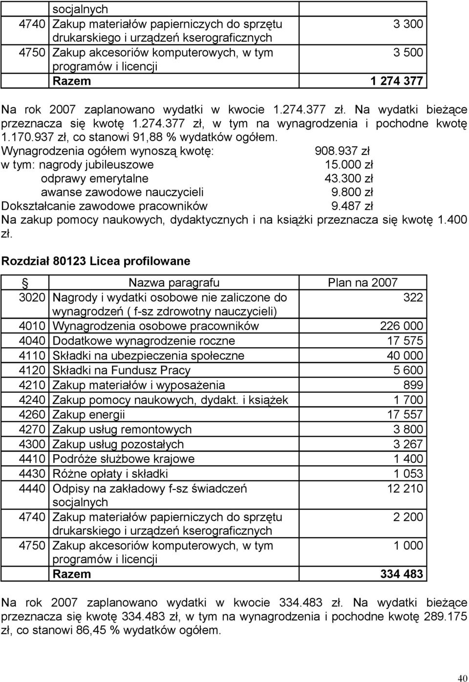 Wynagrodzenia ogółem wynoszą kwotę: 908.937 zł w tym: nagrody jubileuszowe 15.000 zł odprawy emerytalne 43.300 zł awanse zawodowe nauczycieli 9.800 zł Dokształcanie zawodowe pracowników 9.