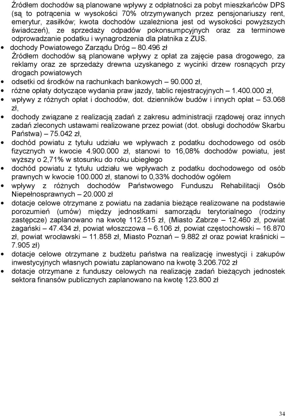 496 zł Źródłem dochodów są planowane wpływy z opłat za zajęcie pasa drogowego, za reklamy oraz ze sprzedaży drewna uzyskanego z wycinki drzew rosnących przy drogach powiatowych odsetki od środków na