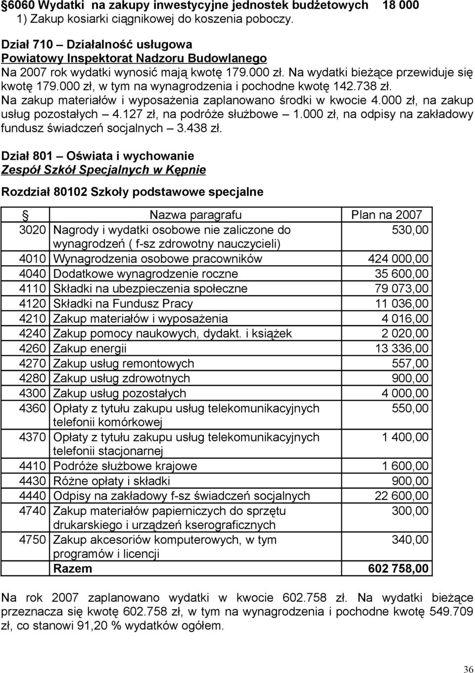 000 zł, w tym na wynagrodzenia i pochodne kwotę 142.738 zł. Na zakup materiałów i wyposażenia zaplanowano środki w kwocie 4.000 zł, na zakup usług pozostałych 4.127 zł, na podróże służbowe 1.